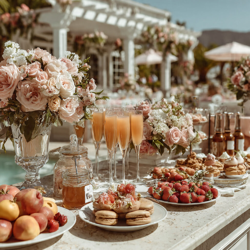 outdoor brunch wedding setup with mimosas pastries