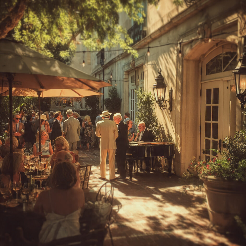 outdoor cocktail hour scene guests mingling with