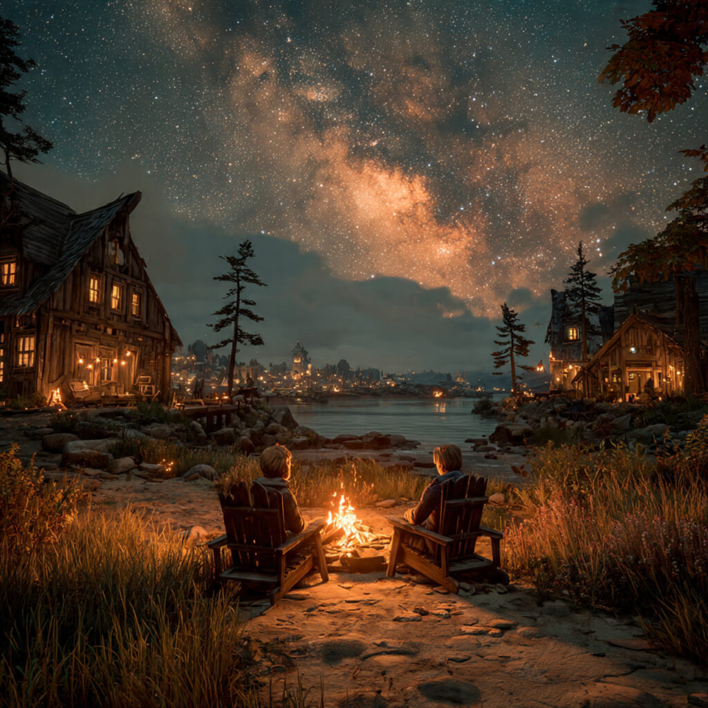 outdoor fire pit glowing under starry sky