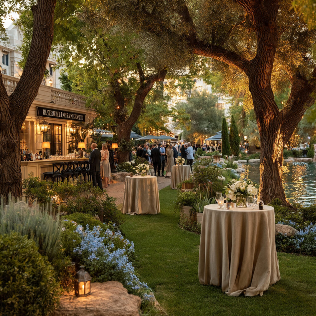 outdoor garden rehearsal dinner small elegant tables