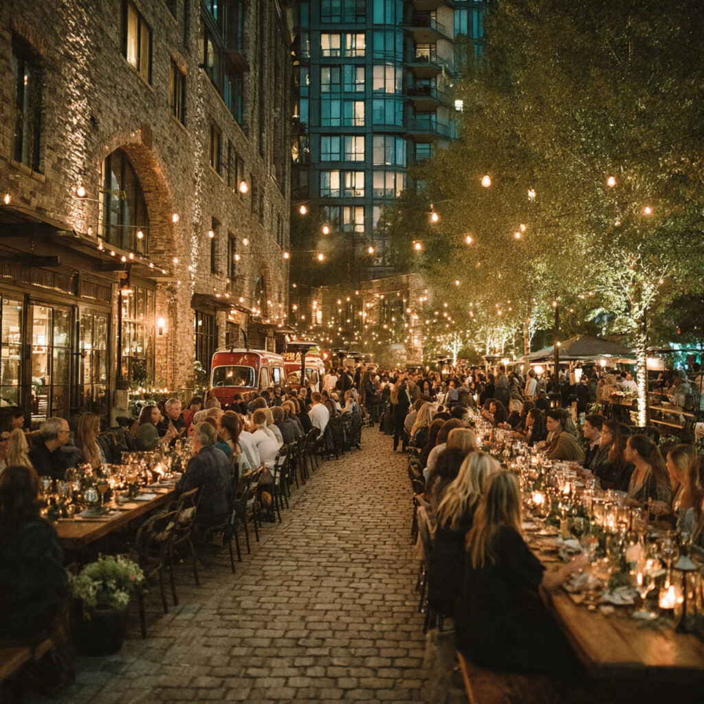outdoor rehearsal dinner with food trucks guests