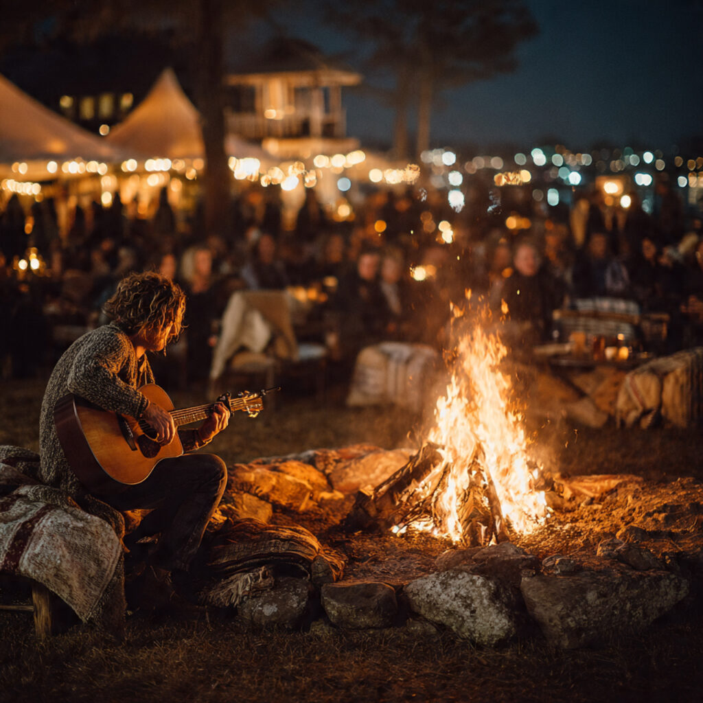 outdoor wedding after party bonfire guests wrapped