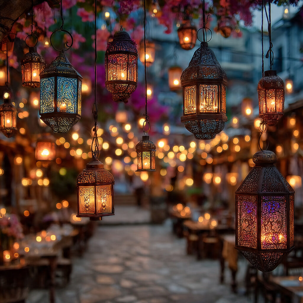 outdoor wedding backdrop of hanging lanterns at 1