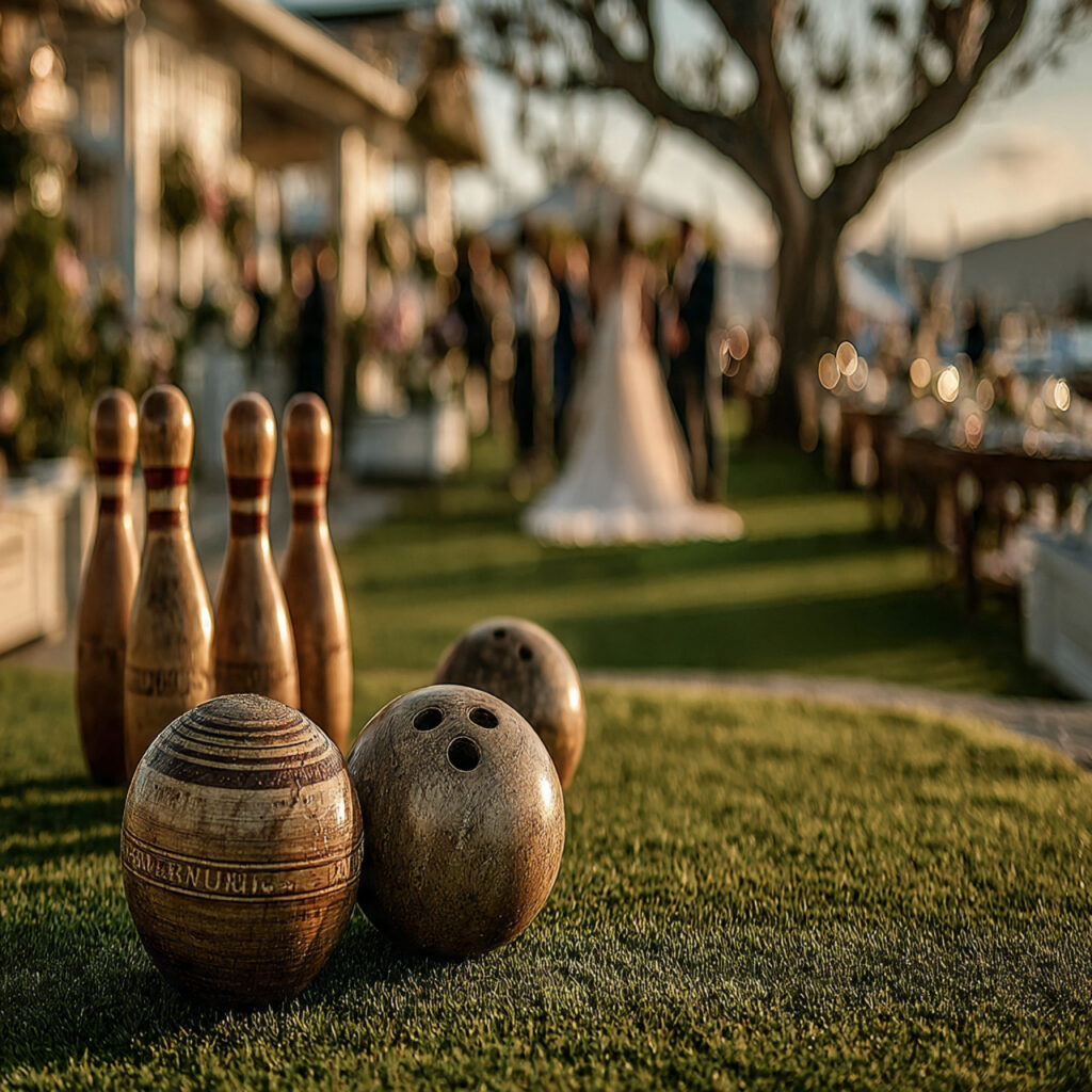 outdoor wedding lawn bowling setup on green
