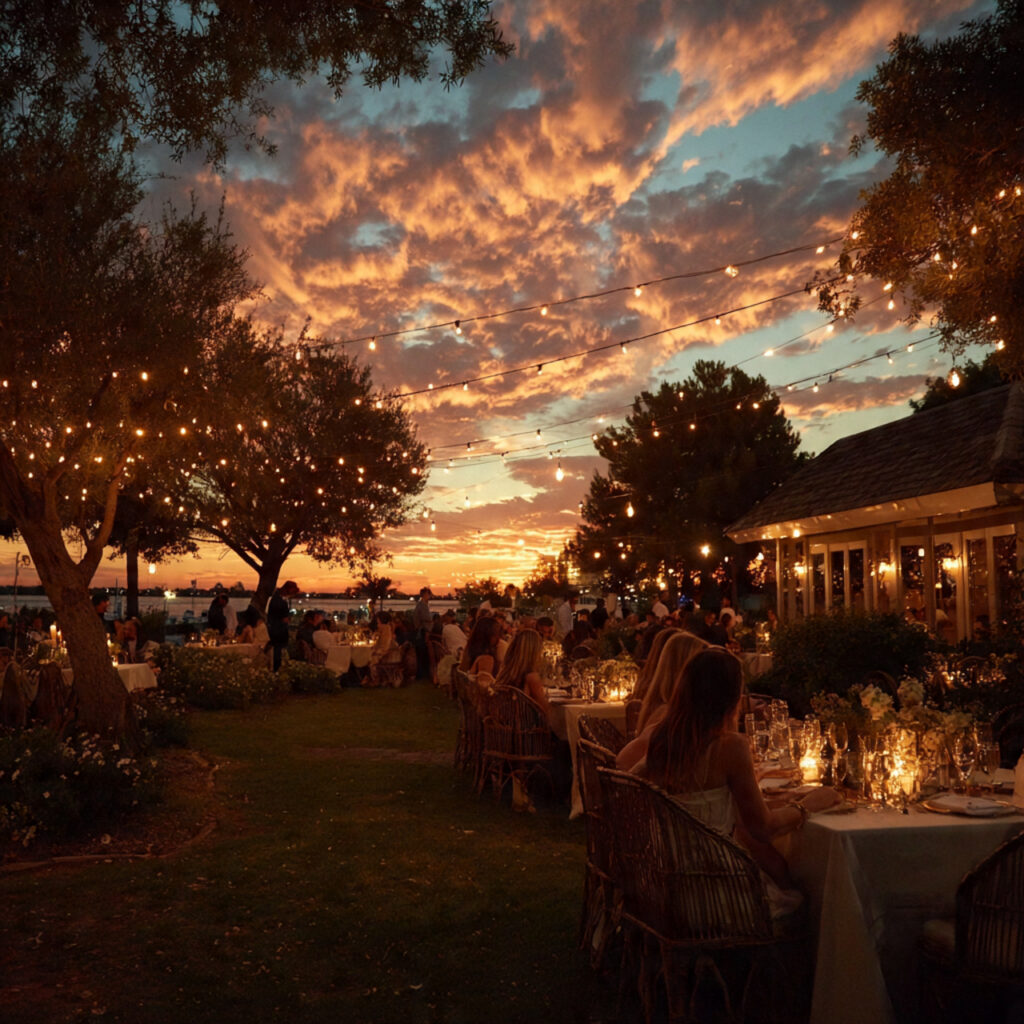 outdoor wedding reception at dusk with soft