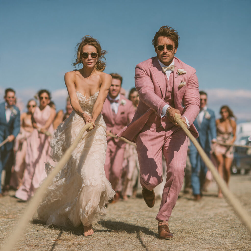 outdoor wedding tug of war game on