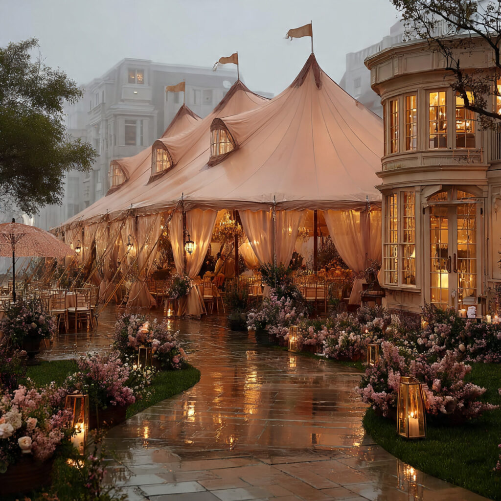 outdoor wedding with elegant tent setup umbrellas