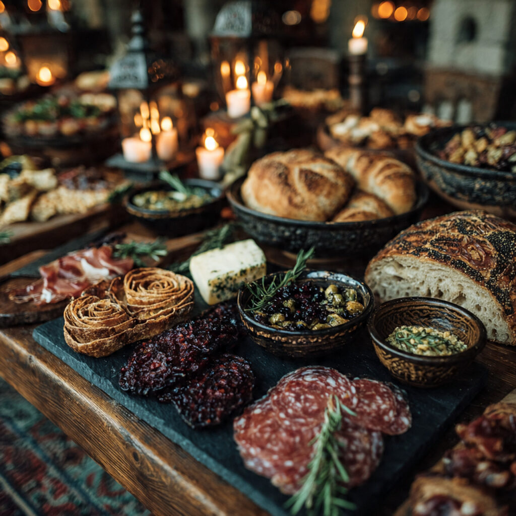 overflowing charcuterie grazing table with prosciutto ribbons