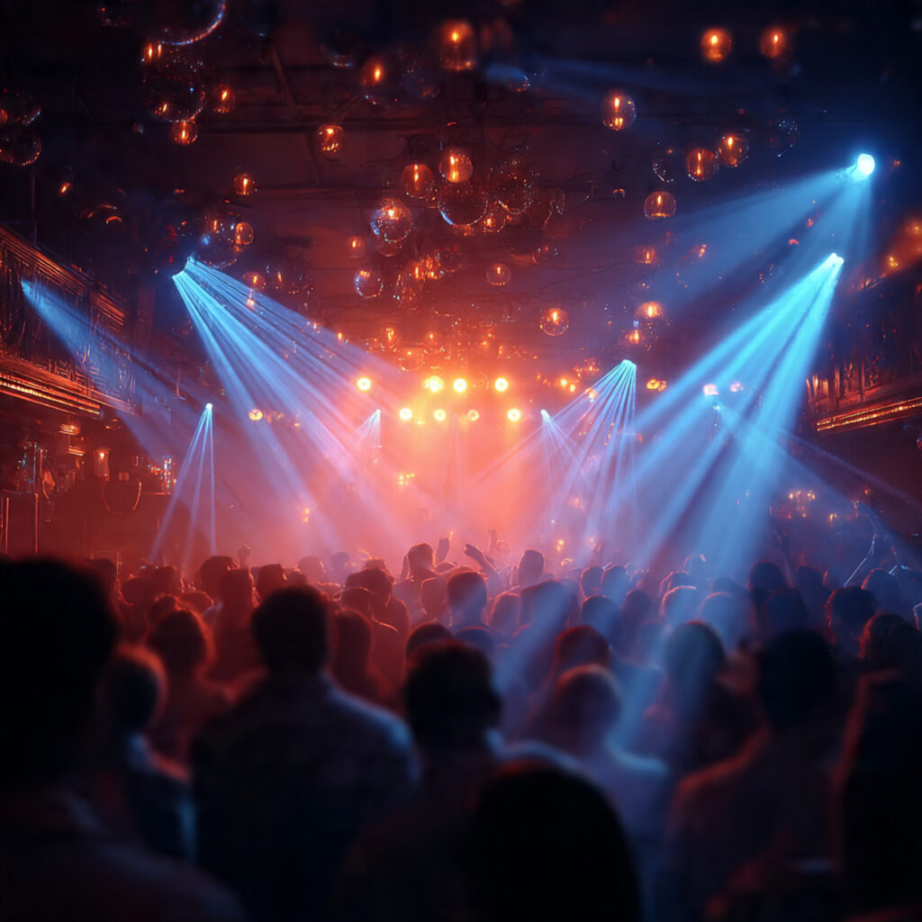 packed dance floor with flashing lights people