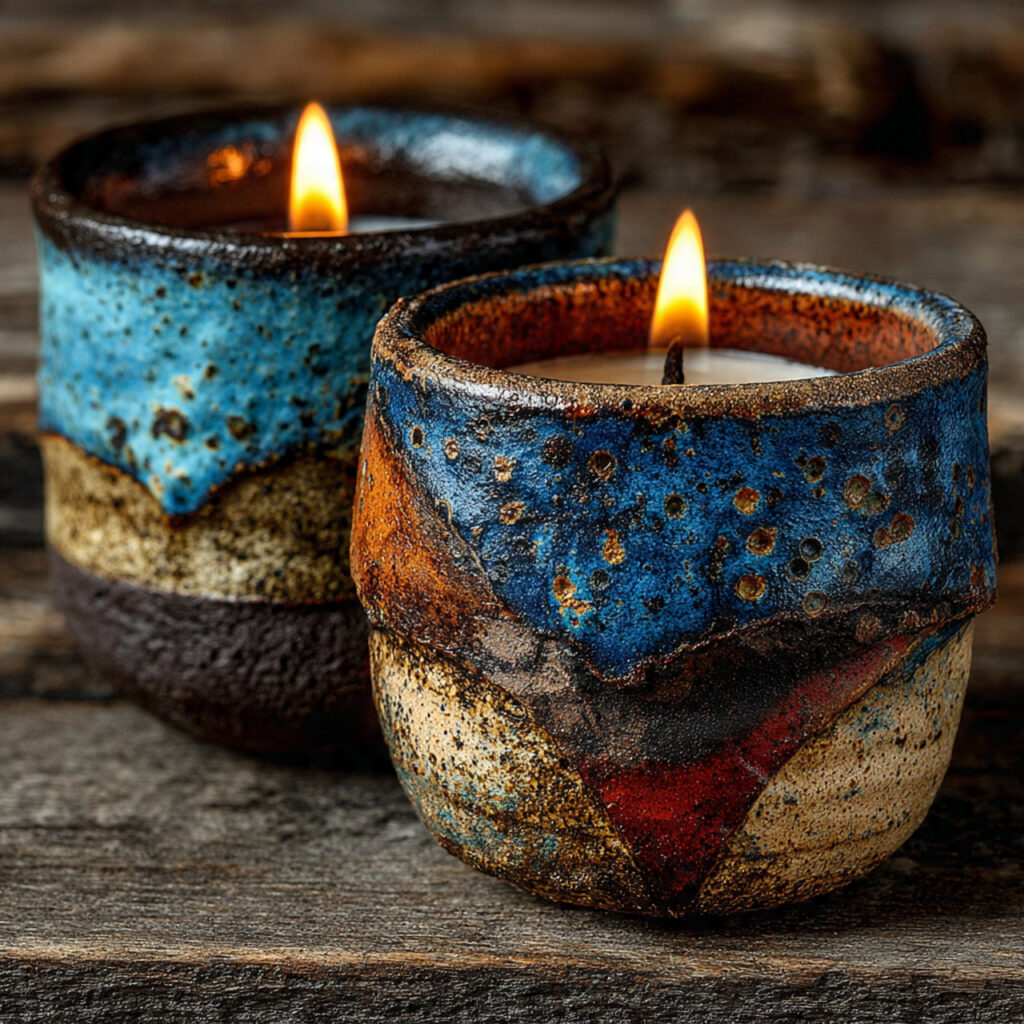 pair of handmade pottery candle holders glowing