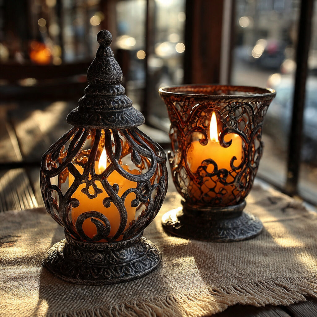 pair of iron candle holders with softly