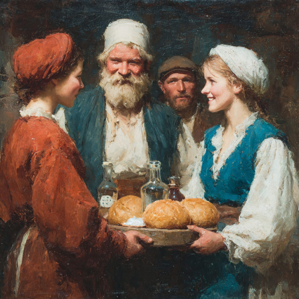 parents welcoming newlyweds with a tray holding