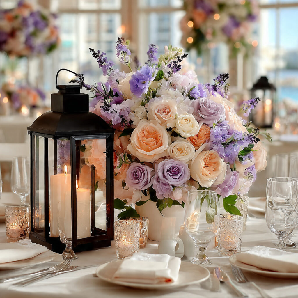 pastel floral lantern centerpiece with blush roses