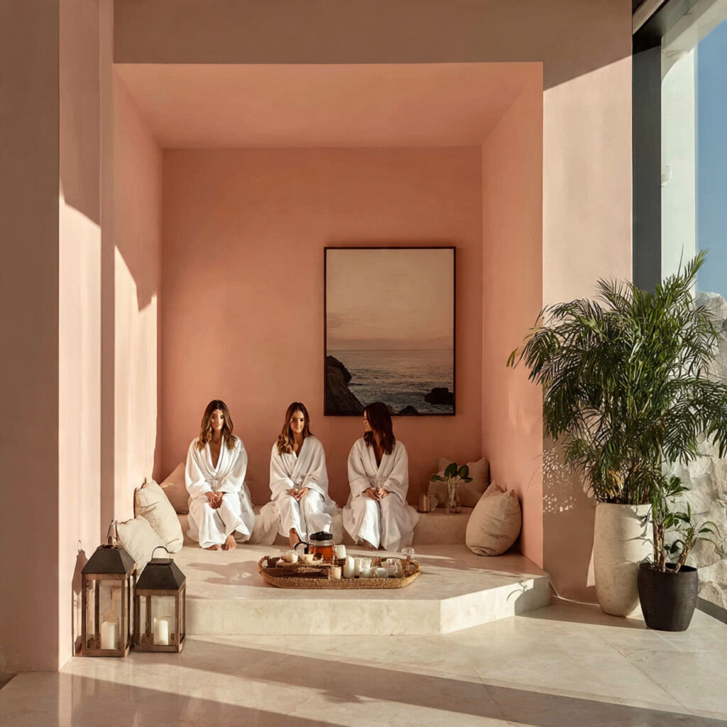 peaceful spa retreat scene with bridesmaids in