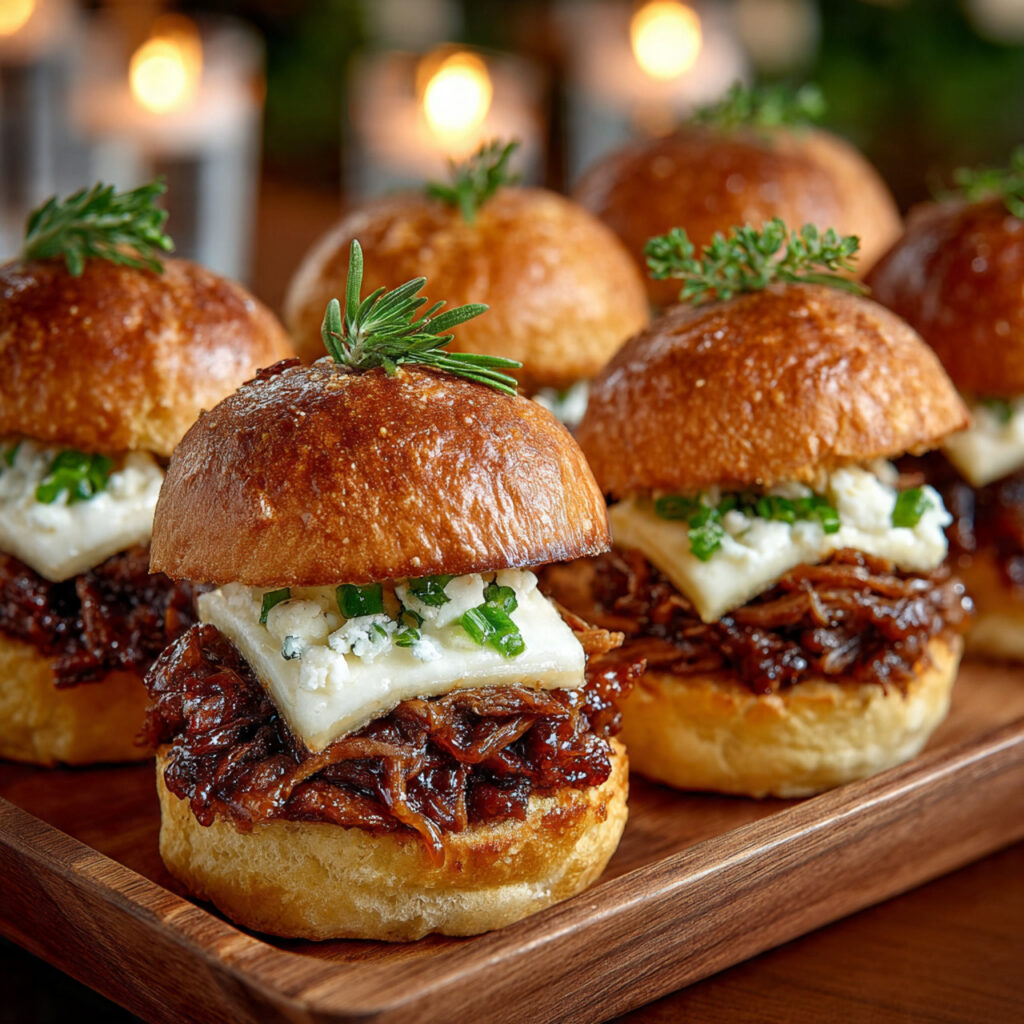 17 Delicious Cocktail Hour Food Ideas to Elevate Your Event 1 photorealistic image of gourmet mini sliders with