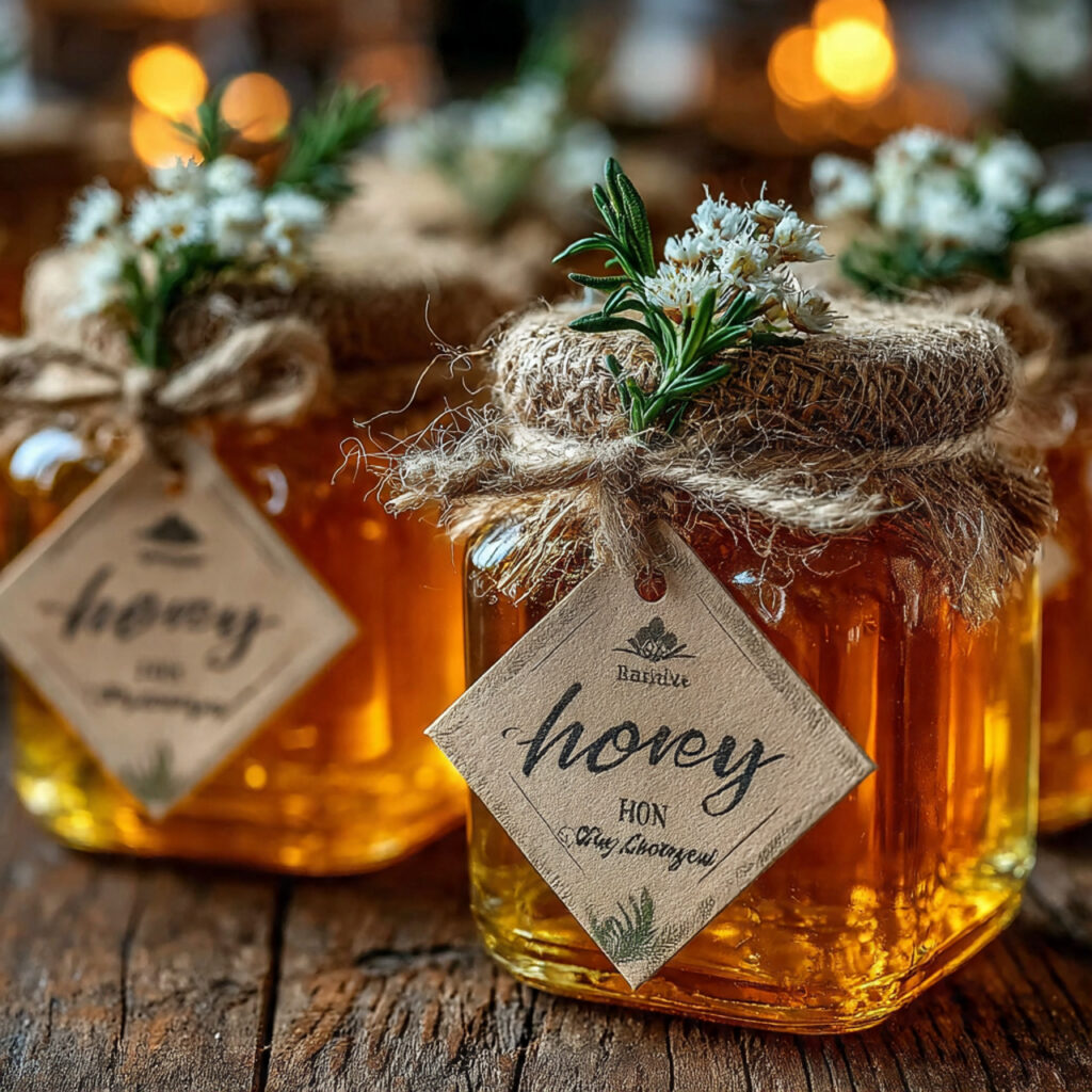 photorealistic mini honey jars with golden honey