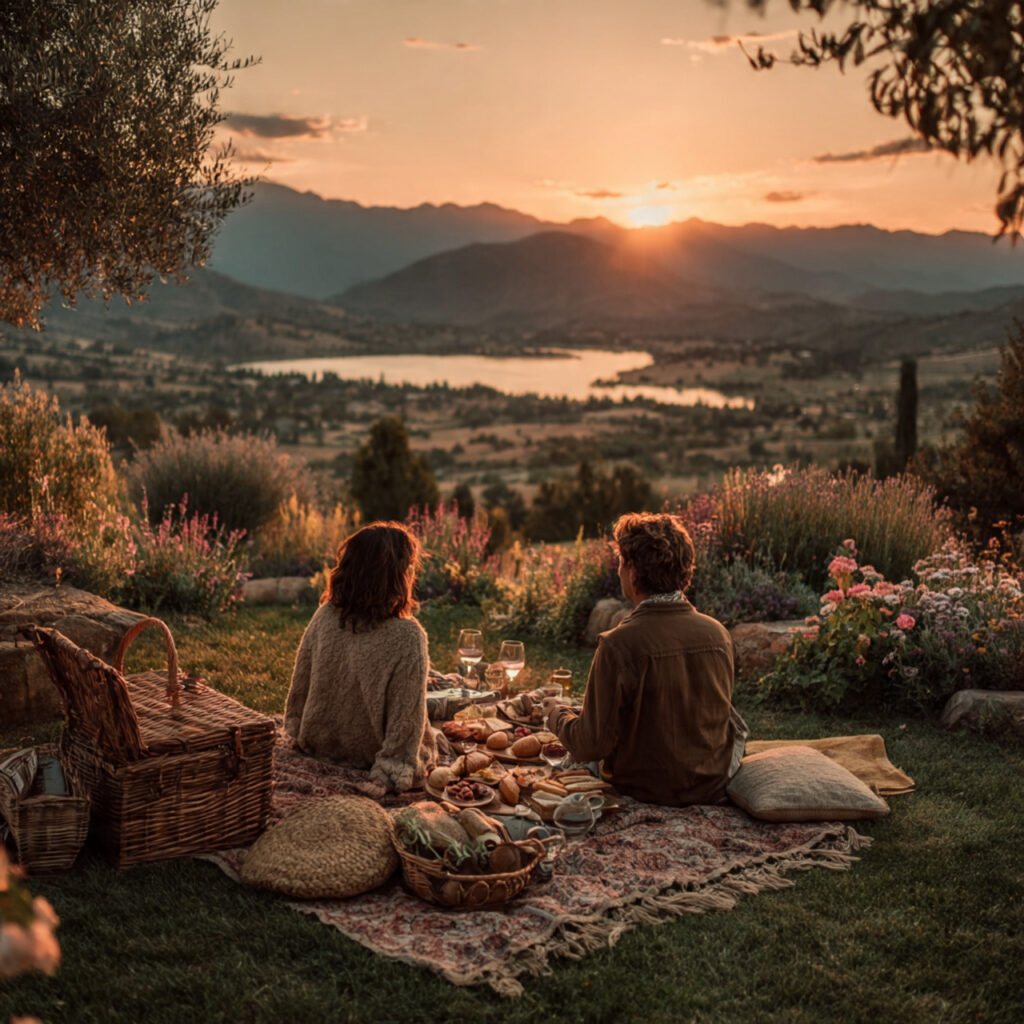 picnic blanket on grassy hill during golden