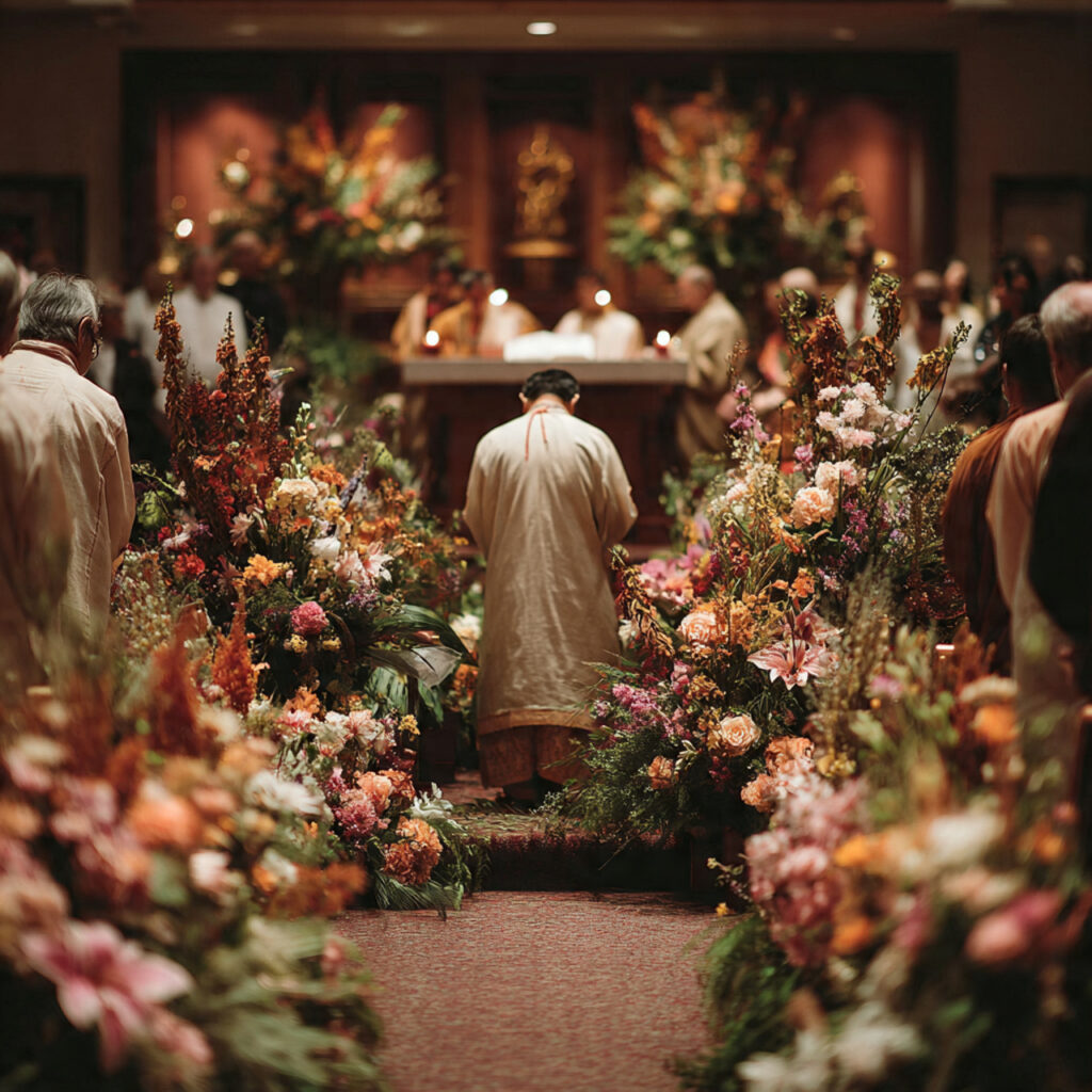 planner arranging ceremony sequence with couple priests