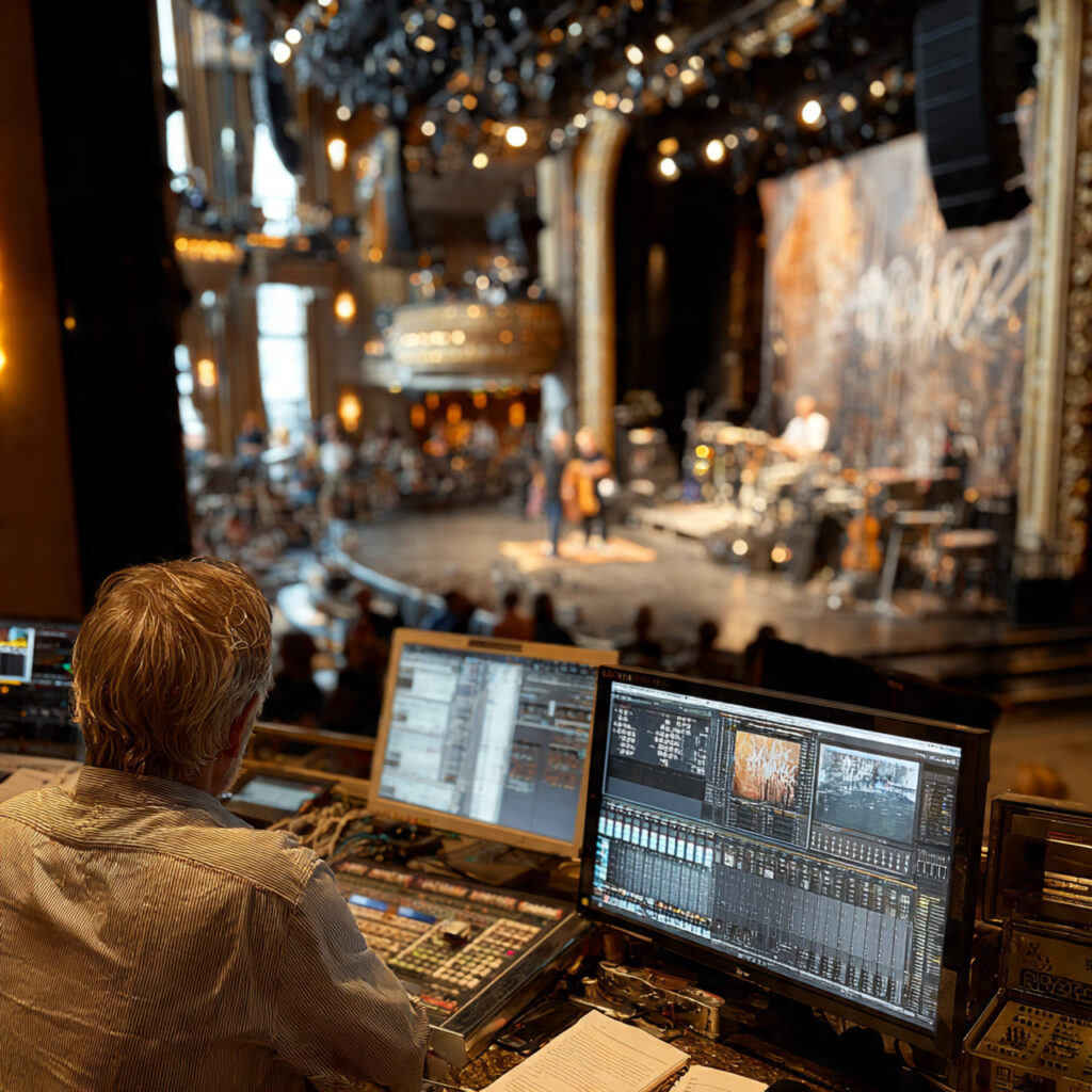 planner arranging stage setup with musicians and