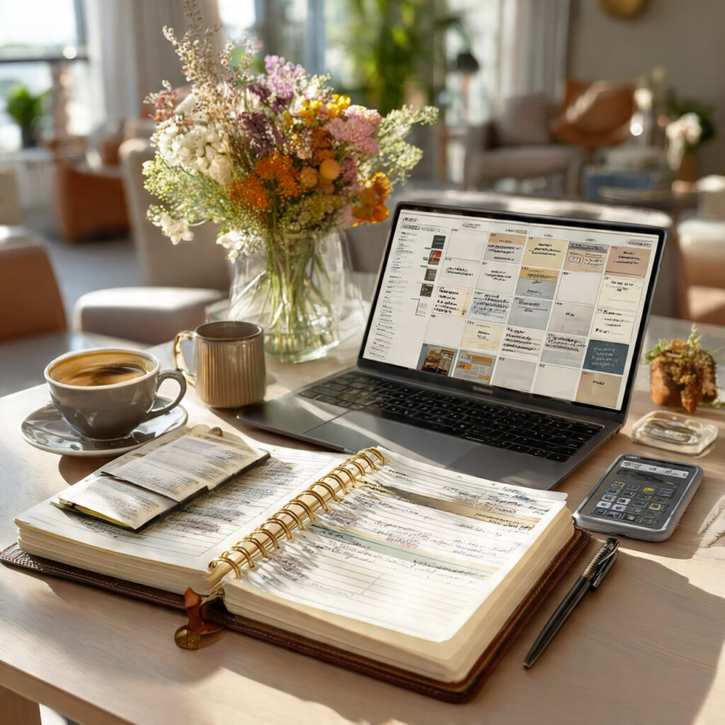planner on laptop and phone coordinating multiple