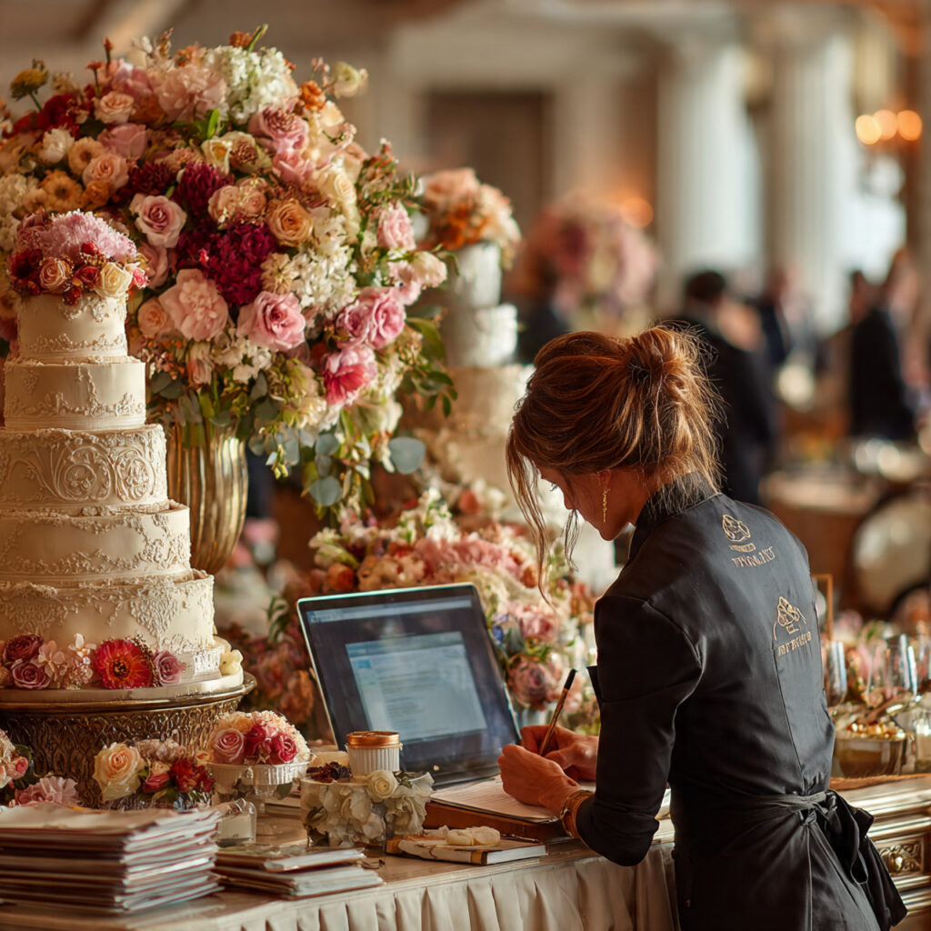 planner overseeing wedding day setup guiding vendors