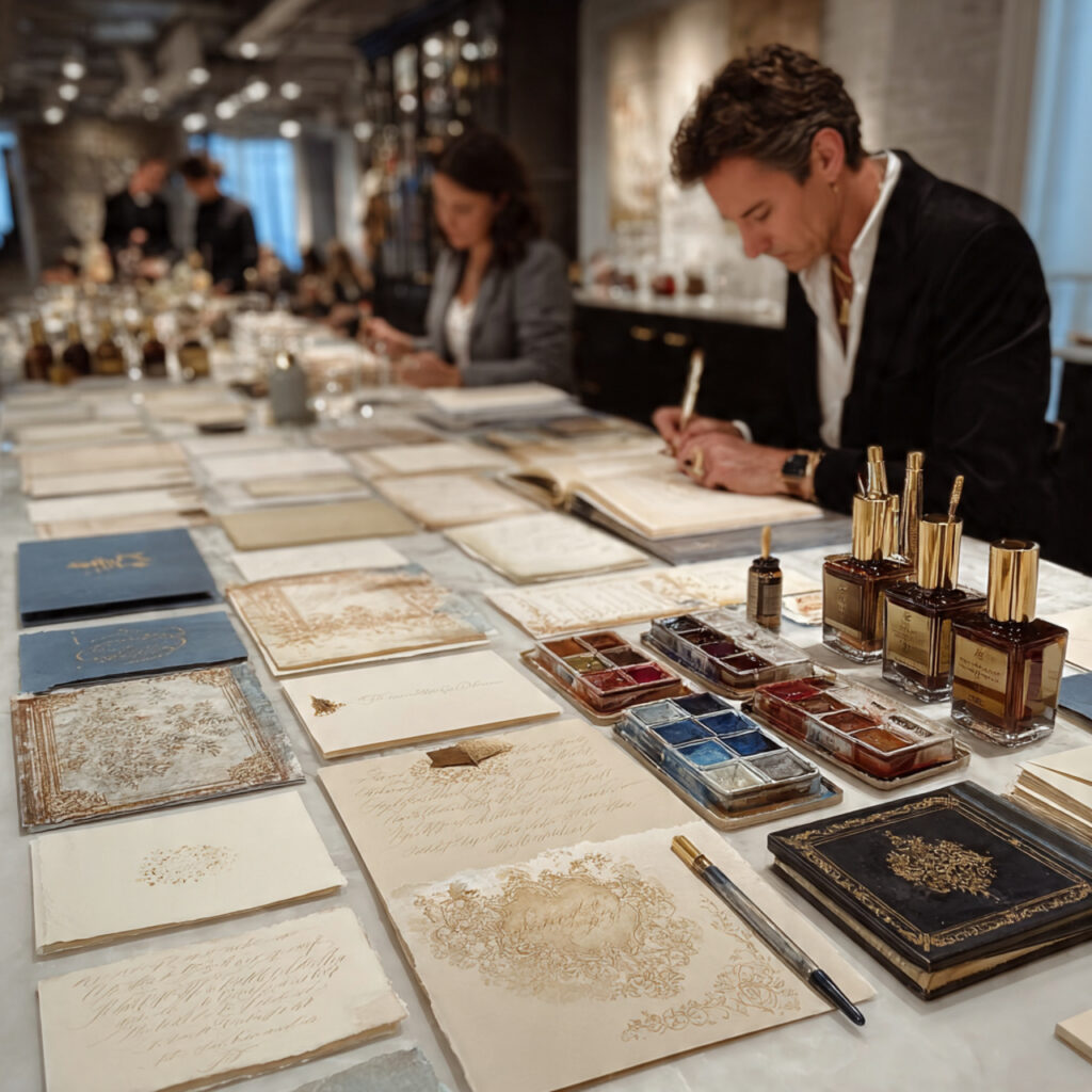 planner reviewing wedding invitations and calligraphy samples