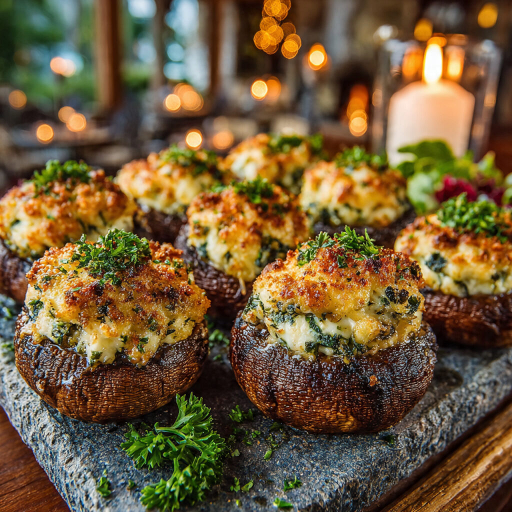 17 Delicious Cocktail Hour Food Ideas to Elevate Your Event 9 plate of golden brown stuffed mushrooms filled with
