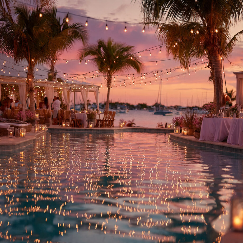 poolside engagement party at sunset floating candles
