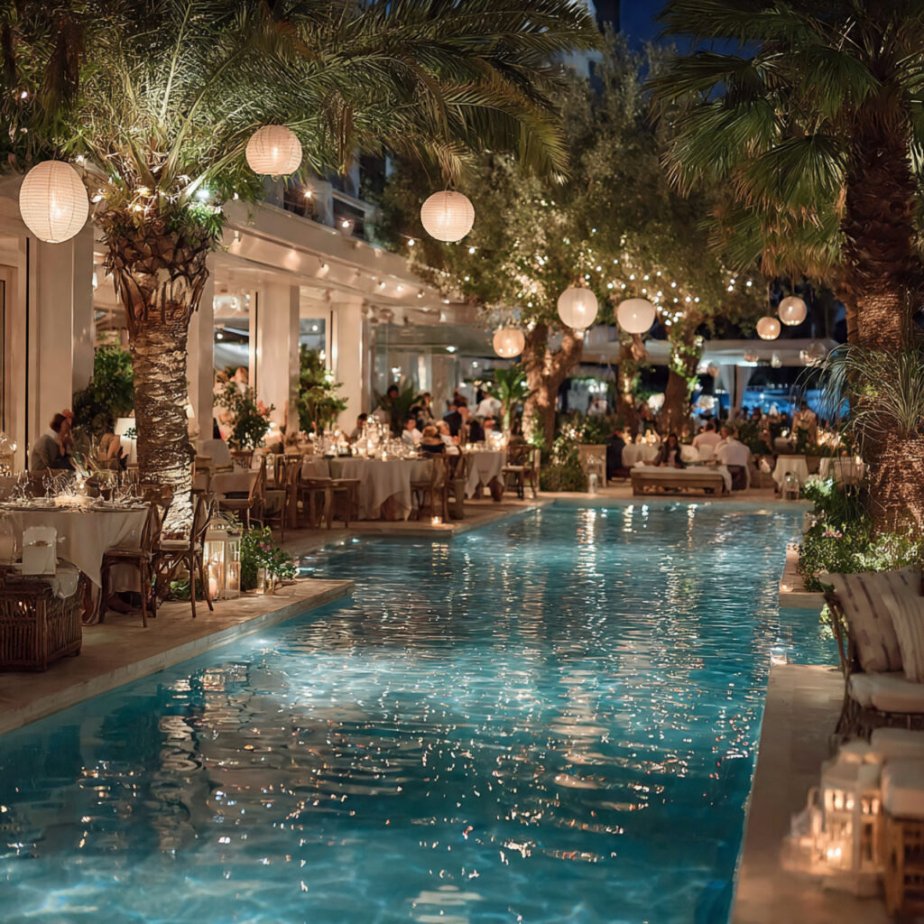 poolside wedding after party with glowing water