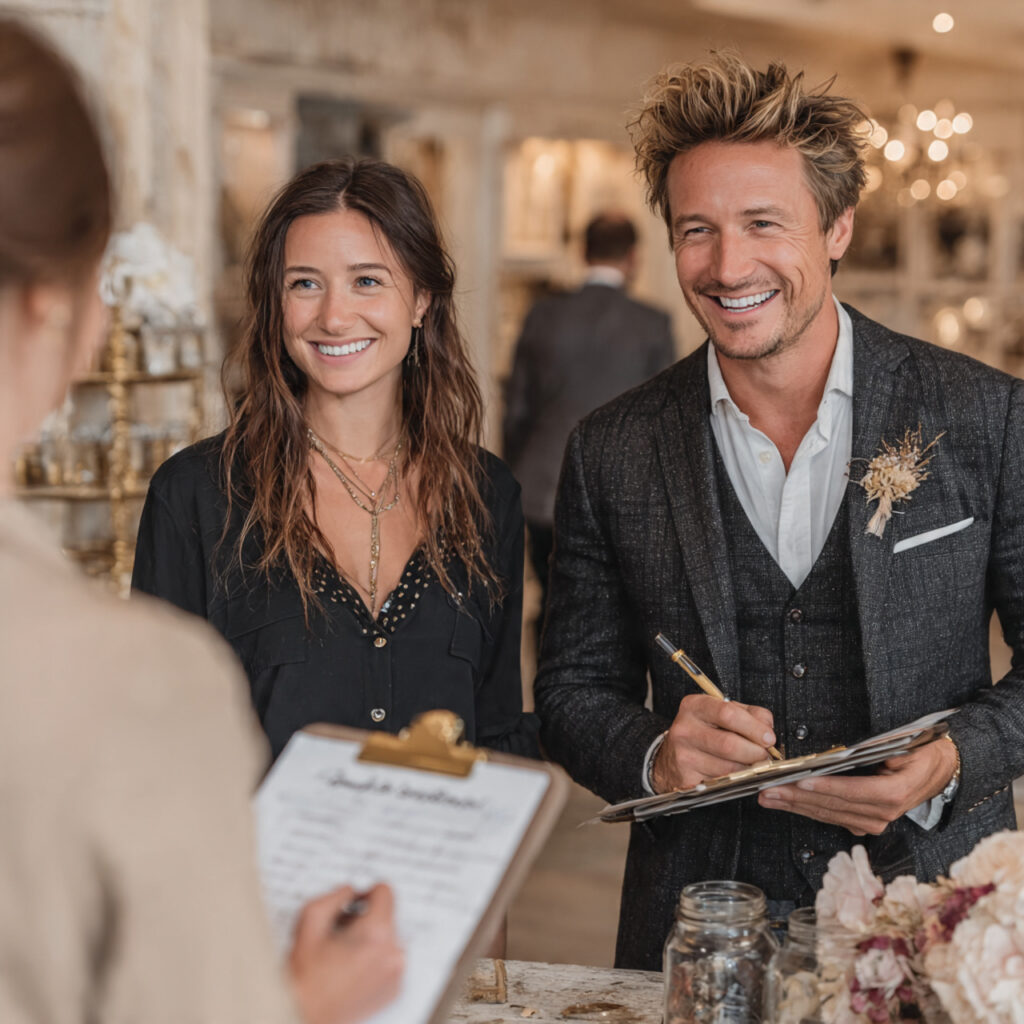 professional wedding planner consulting couple discussing checklist