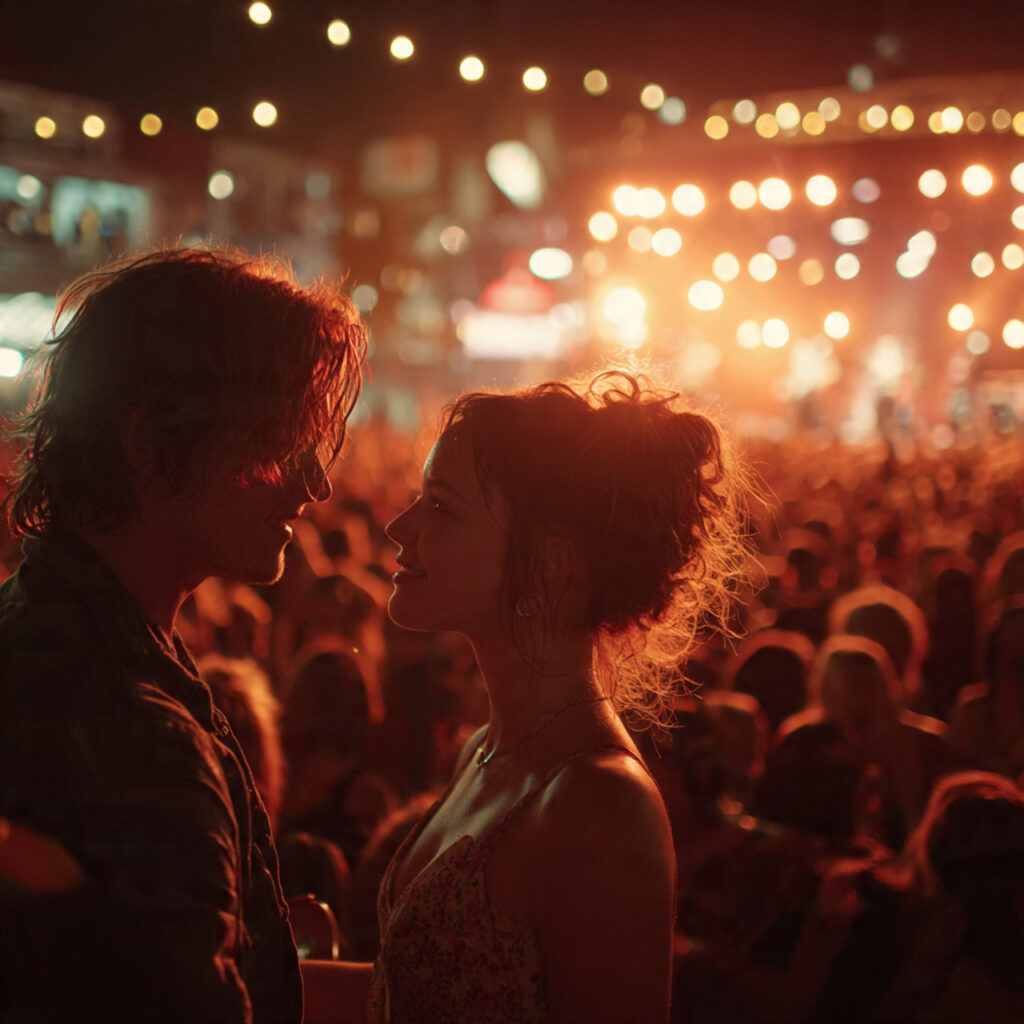 proposal in crowd at concert stage lights