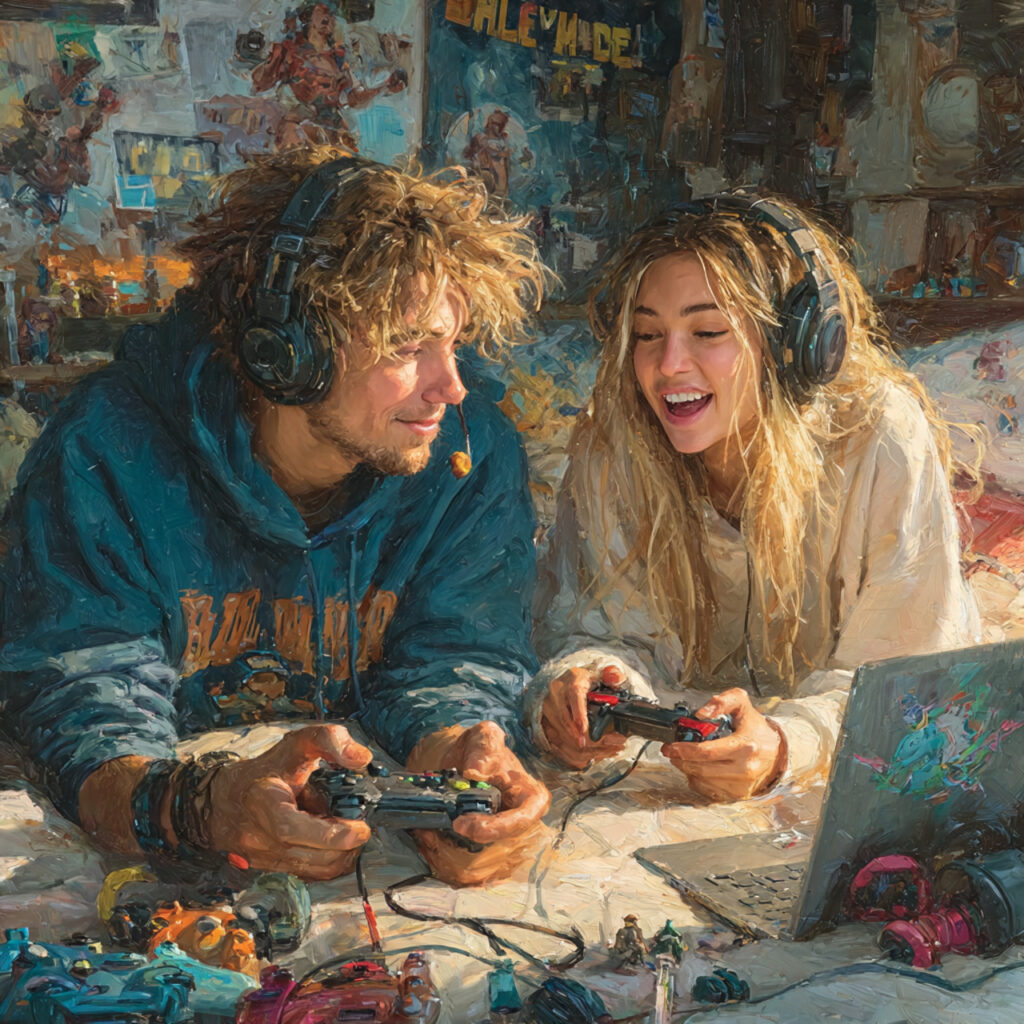 realistic a playful couple on video call