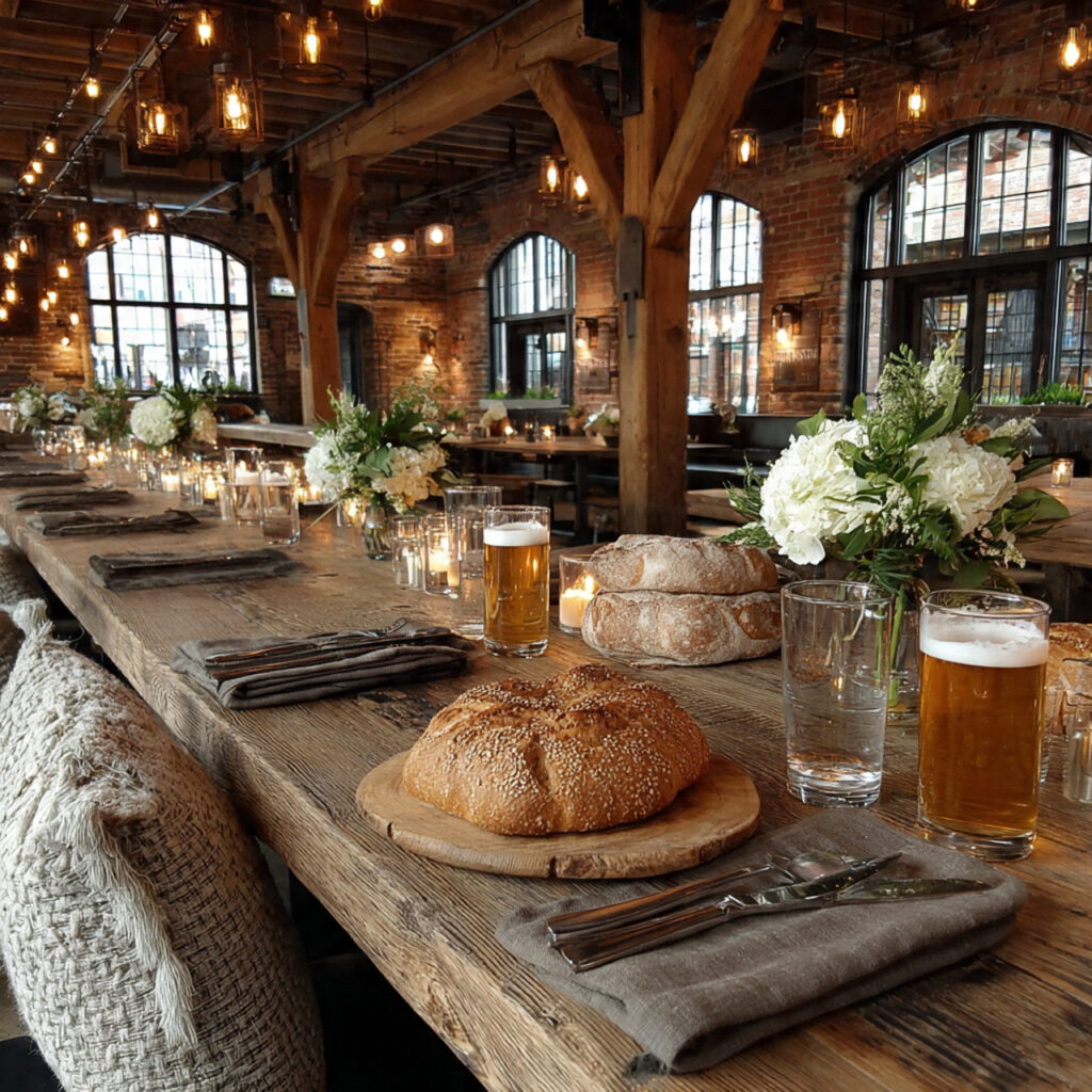 rehearsal dinner in a rustic brewery wooden
