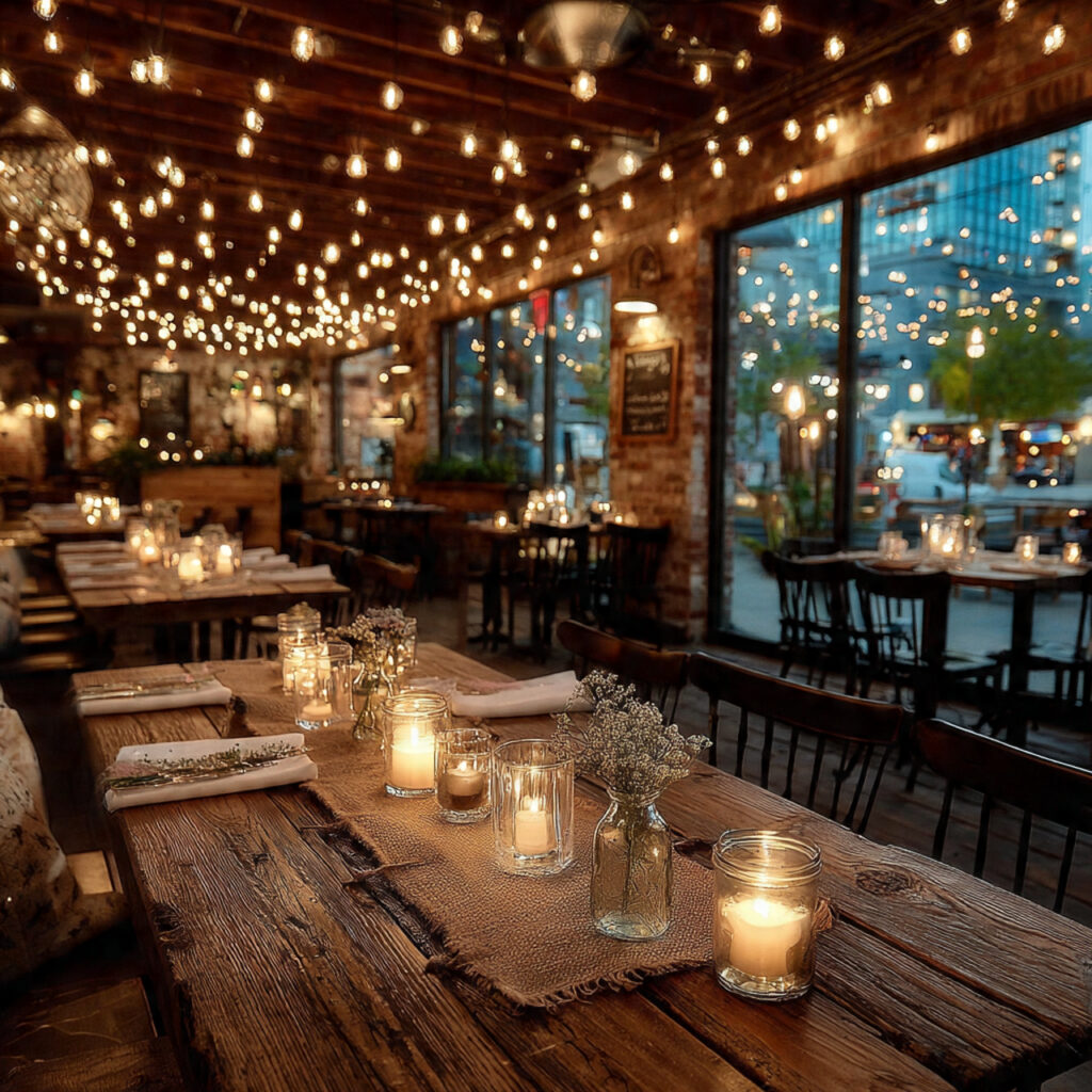 restaurant wedding reception with romantic lighting candles