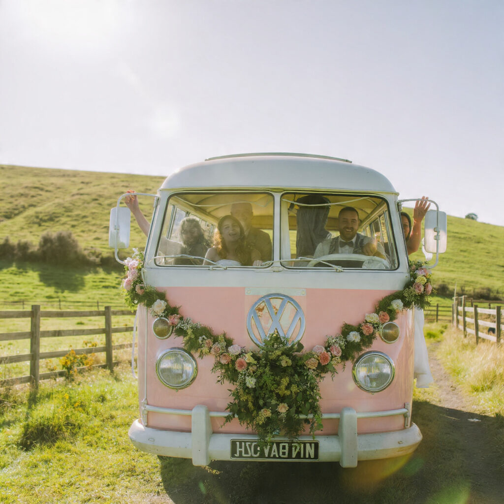 retro pastel wedding bus with floral garlands