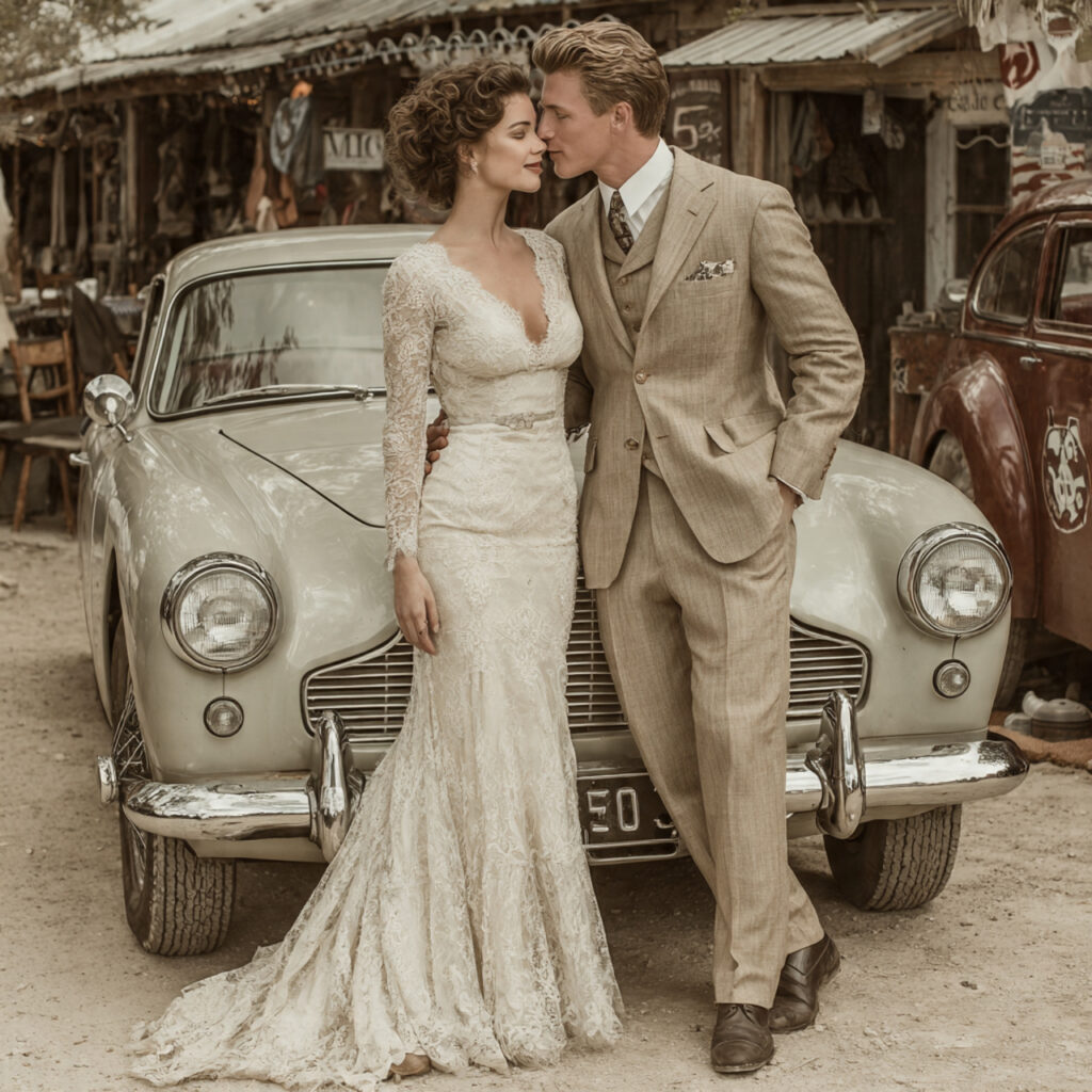 retro themed wedding with lace gown and antique
