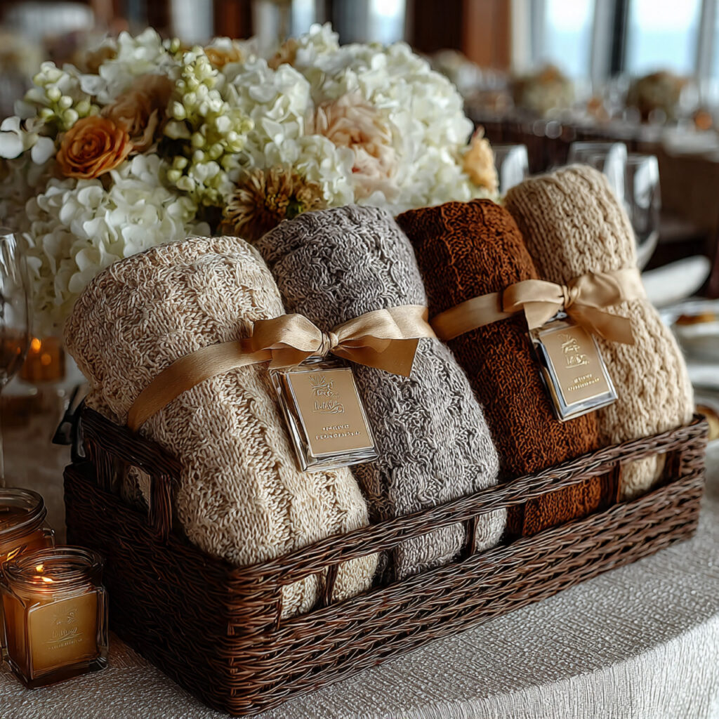 rolled cozy blankets tied with ribbons placed