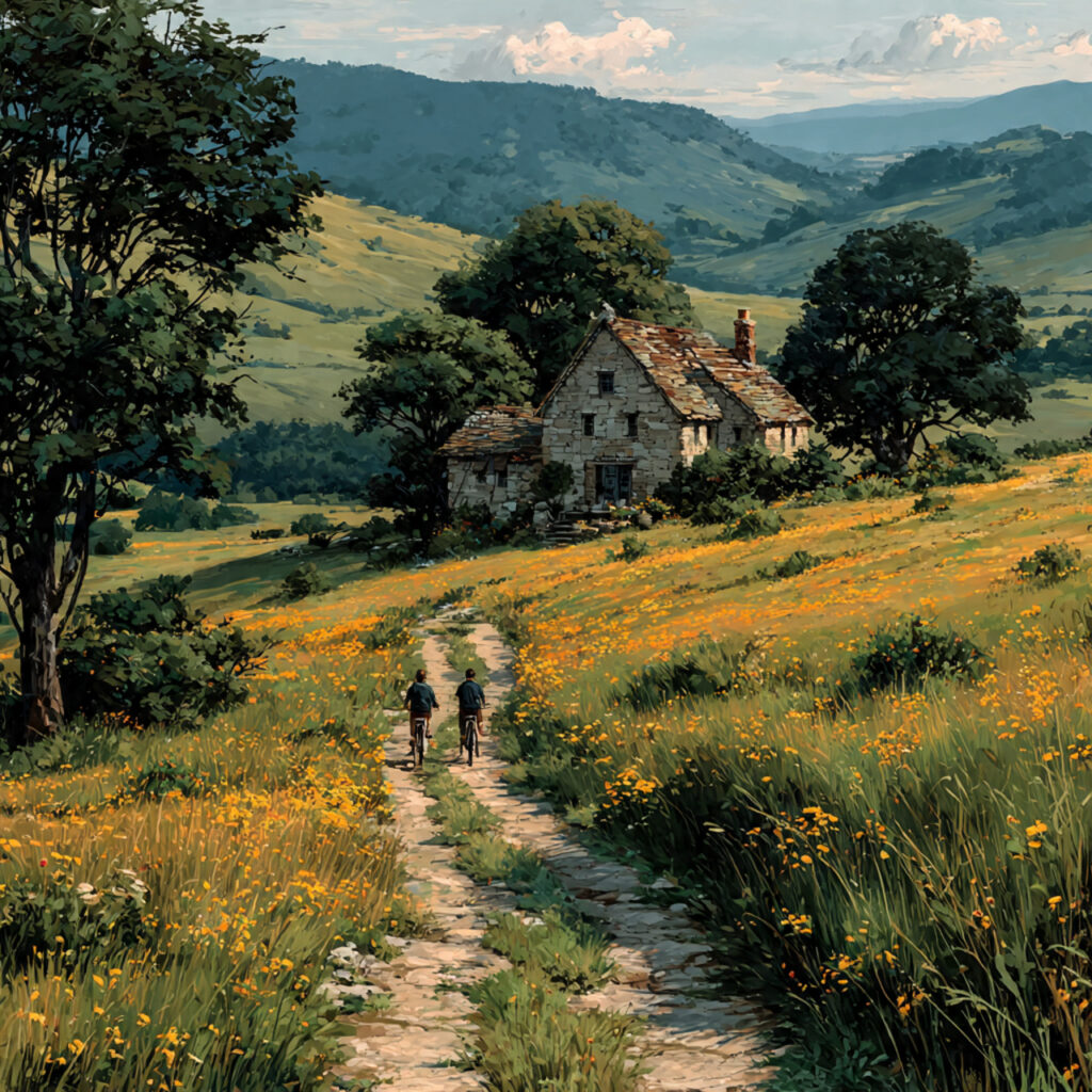 rolling green hills farmhouse with garden flowers