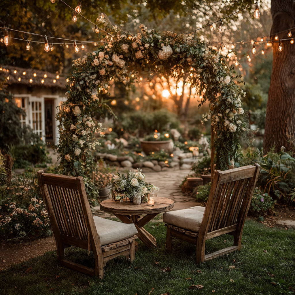 romantic backyard wedding setup under string lights