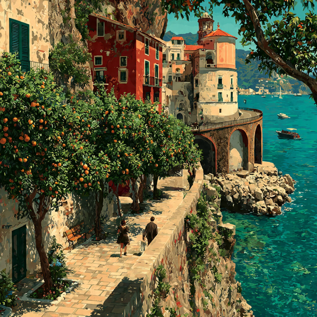 romantic coastal view of amalfi couple walking