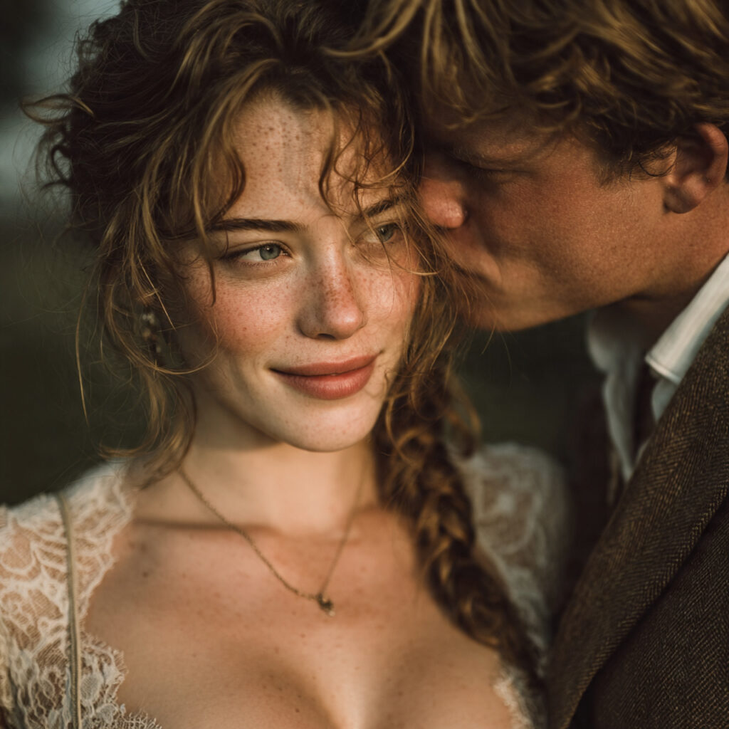 romantic couple photoshoot with lace backdrop golden hour