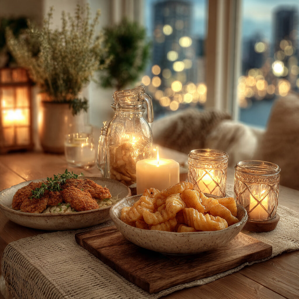 romantic dinner setup at home with candlelight