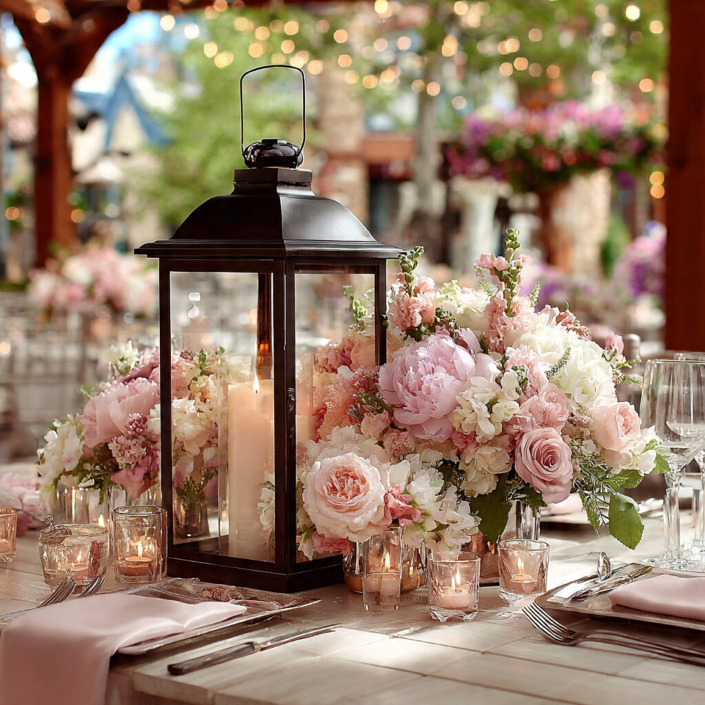 romantic garden wedding centerpiece featuring lantern surrounded