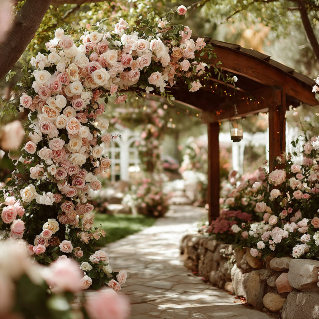 romantic outdoor wedding floral arch lush roses 1