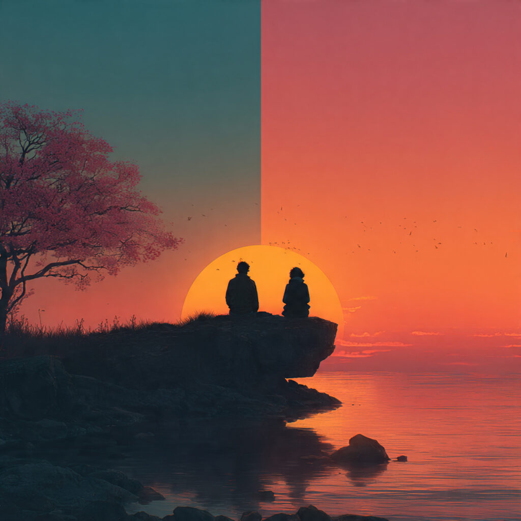 romantic split scene of real two people watching