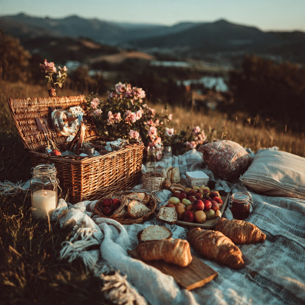 romantic sunset picnic on a grassy hill