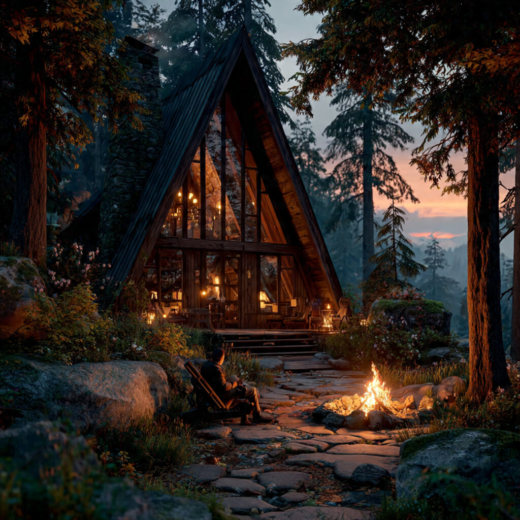 romantic wooden cabin in forest at sunset