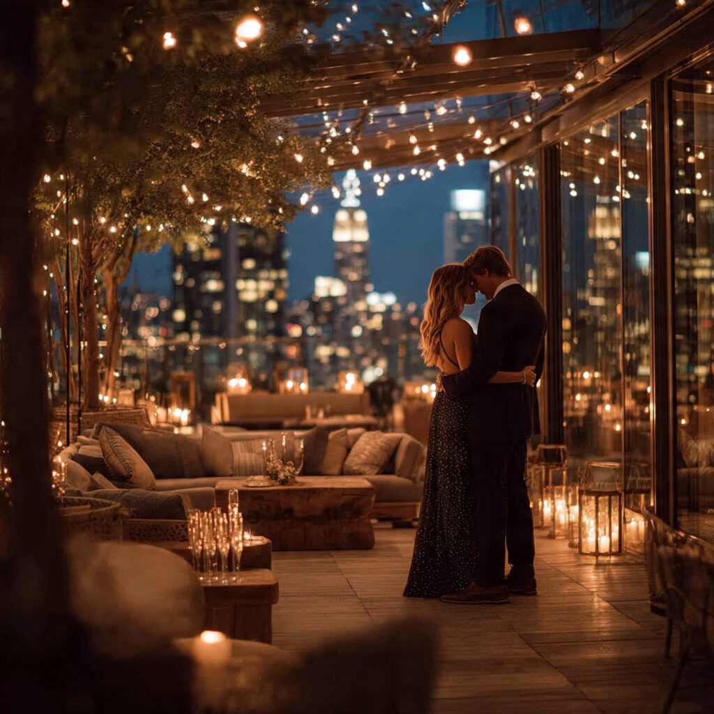 rooftop engagement party at night city skyline