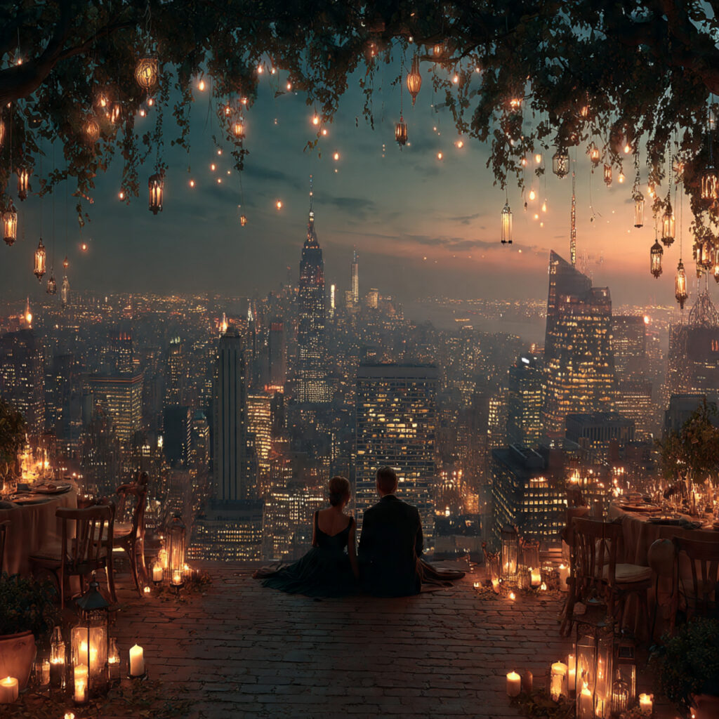 rooftop proposal scene overlooking city skyline at