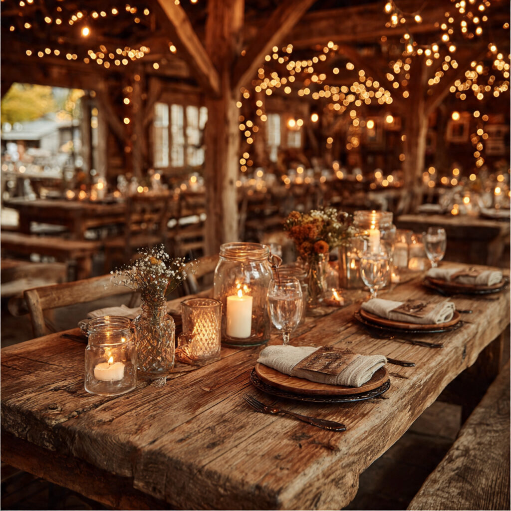 rustic barn engagement party wooden beams fairy